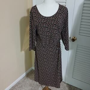 Lands' End XL/P 18 waisted side knot floral olive green 5/8ths-sleeve cot blnd